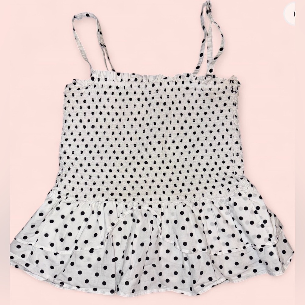 🖤 Isa & Ella Polka Dot Smocked Ruffle Peplum Tank – XS/S